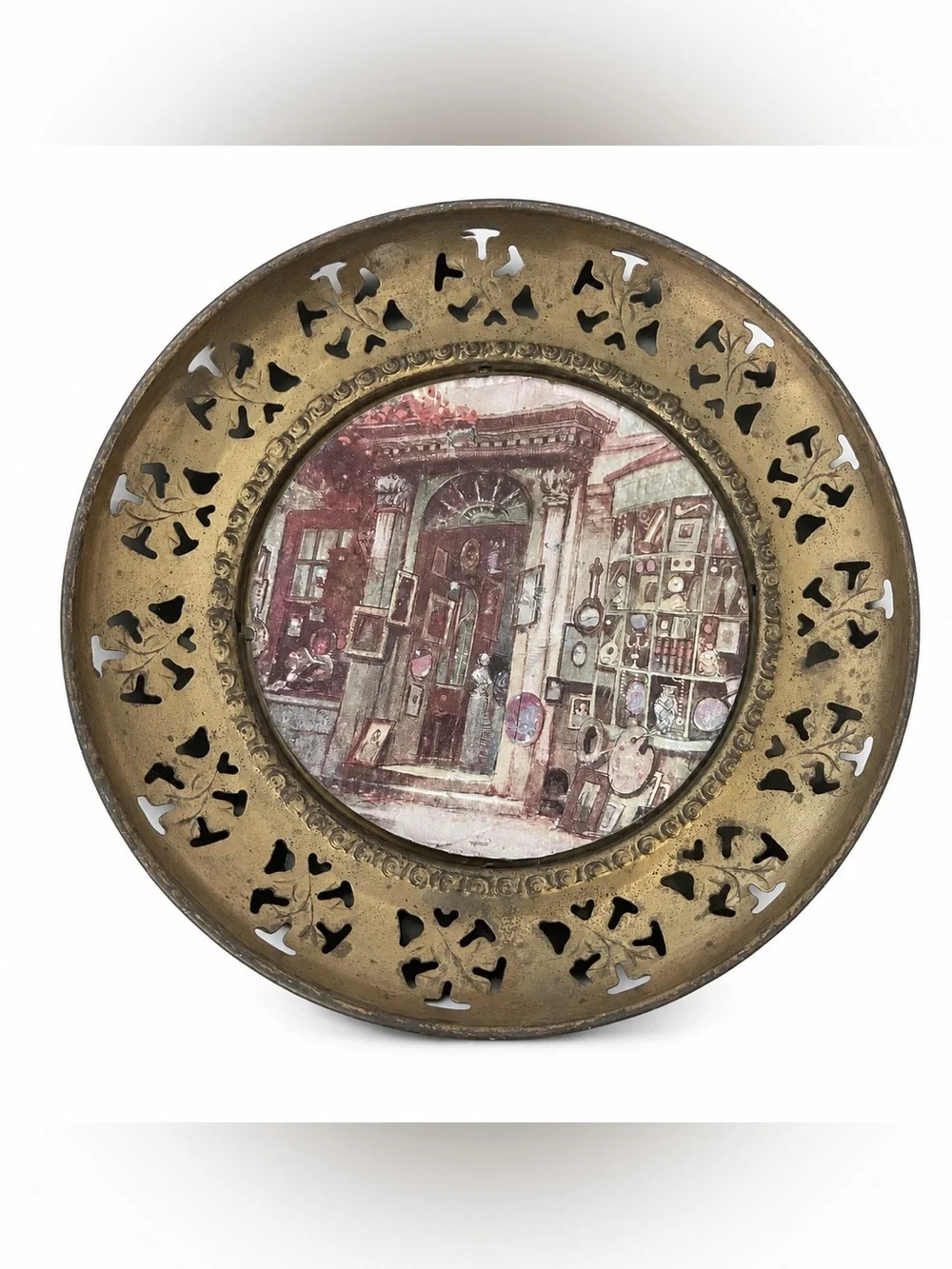 Lot of 2 Antique-Style Brass Round Plaques Made in England London Village Scenes